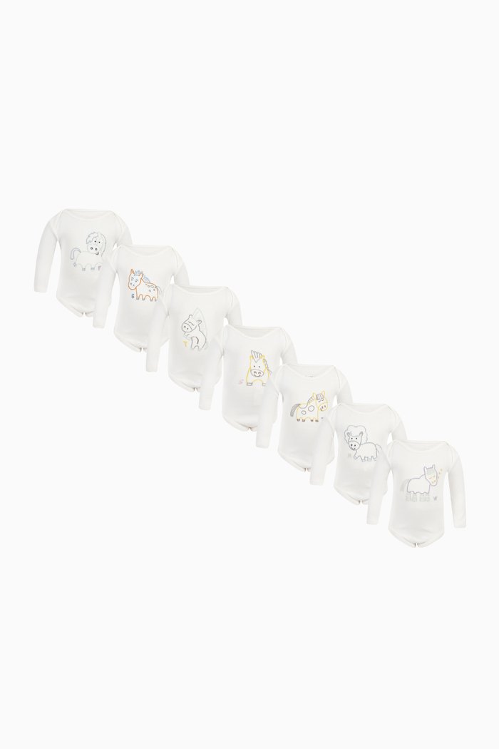 

Embroidered Animal Bodysuits in Cotton, Set of 7, White