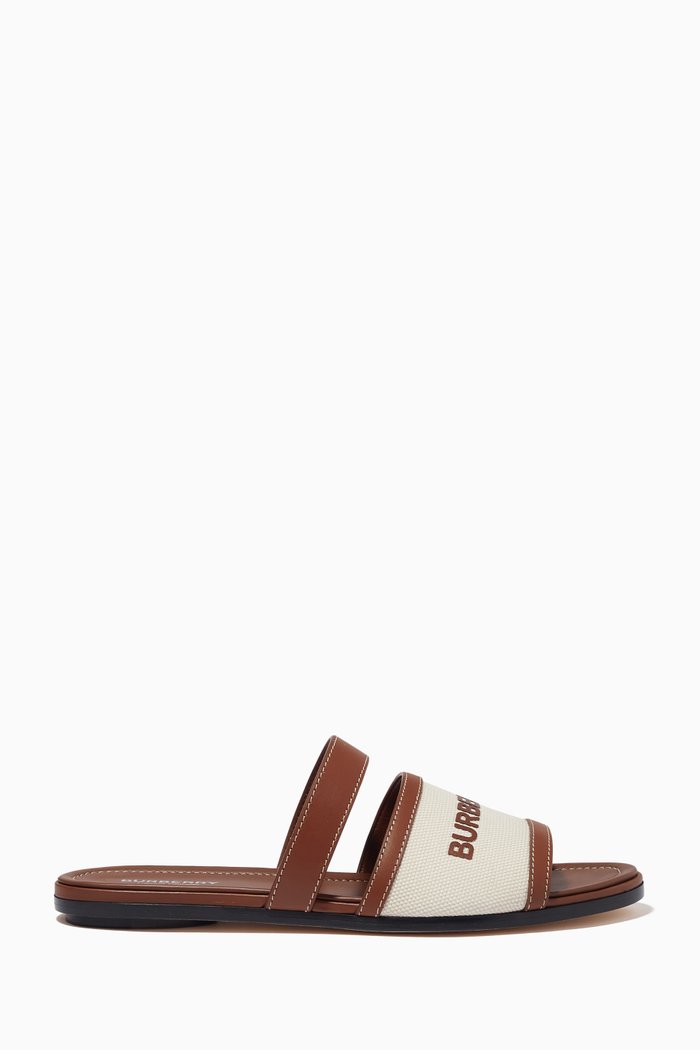 

Honour Flat Slides in Canvas & Leather, Neutral