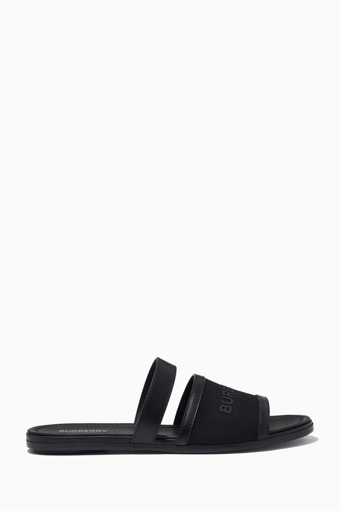 

Honour Flat Slides in Canvas & Leather, Black