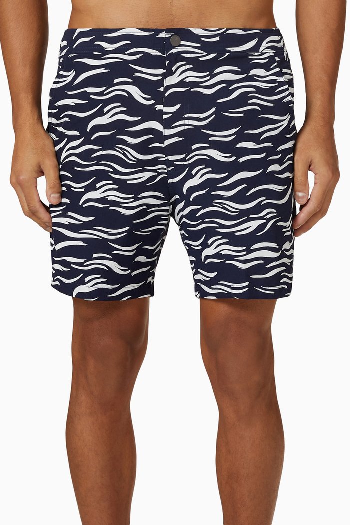

Calder Printed Swim Shorts in Stretch Chambray, Blue