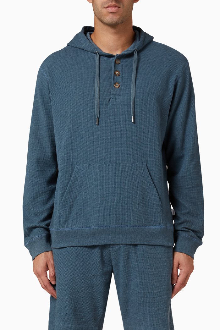 

Half Button Hoodie in Waffle Knit, Blue