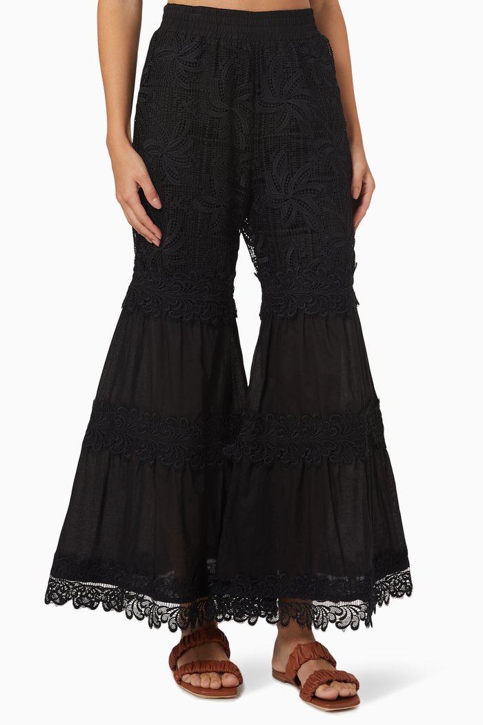 

Chiara Flare Pants in Guipure & Cotton, Black