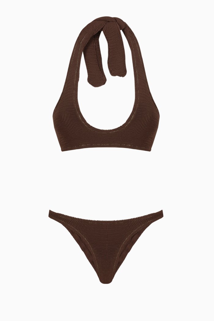 Pilou Scrunch Bikini Set in Stretch Crinkle Nylon, Brown
