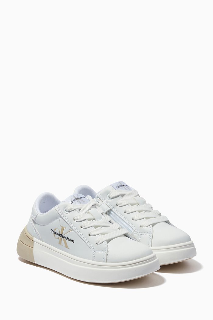 

Chunky Lace-Up Sneakers in Faux Leather, White