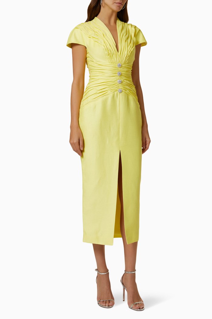 

Draped Midi Dress in Linen, Yellow