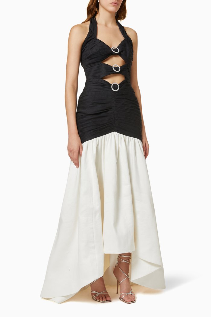 

Cut-out Ruched Maxi Dress in Crepe & Linen, Black