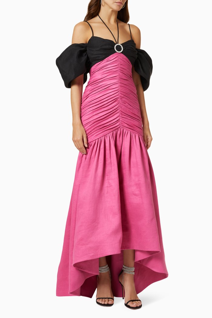 

Colour-blocked Draped Gown in Linen, Pink