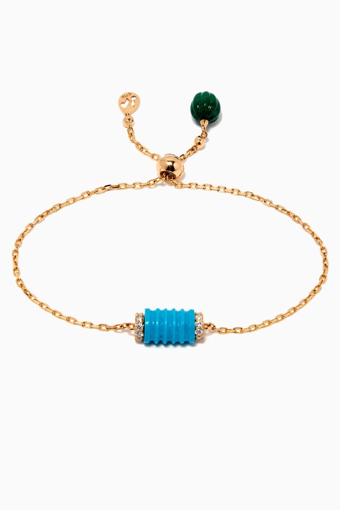 

Malachite Ball & Turquoise Cylinder Diamond Bracelet in 18kt Yellow Gold