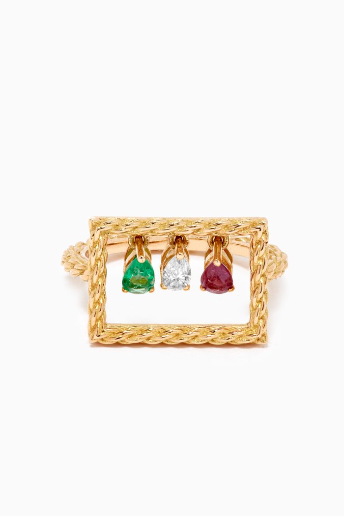 

Rope Rectangle Diamond Ruby & Emerald Ring in 18kt Yellow Gold