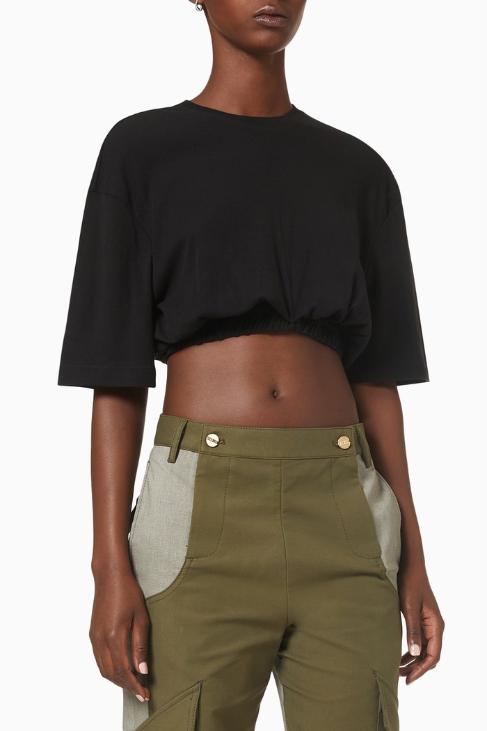 

Rolled Cropped T-shirt in Cotton Jersey, Black