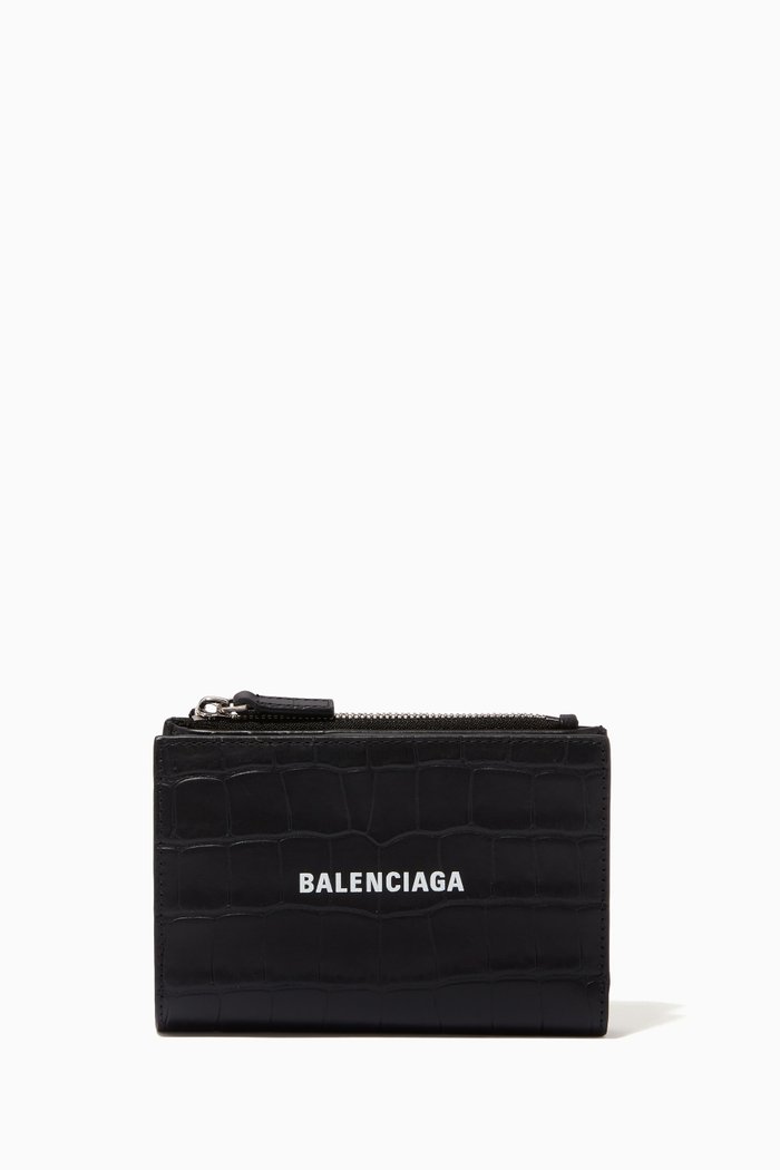 

Cash Folded Card Holder in Croc-embossed Leather, Black