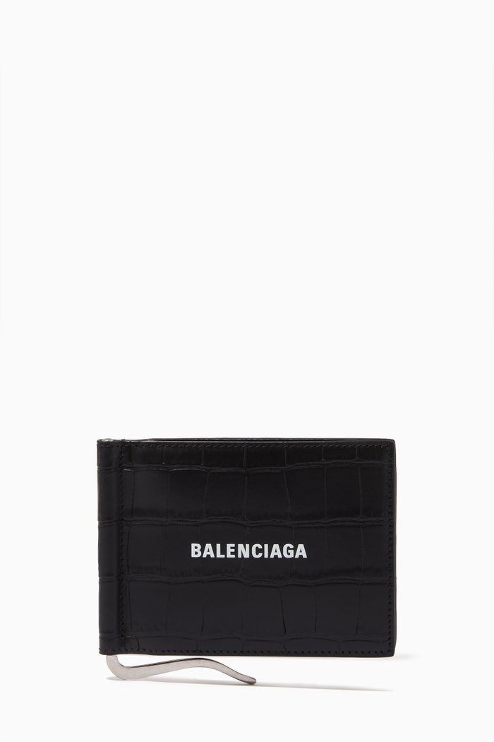 

Cash Folded Bill Clip Card Holder in Croc-embossed Leather, Black