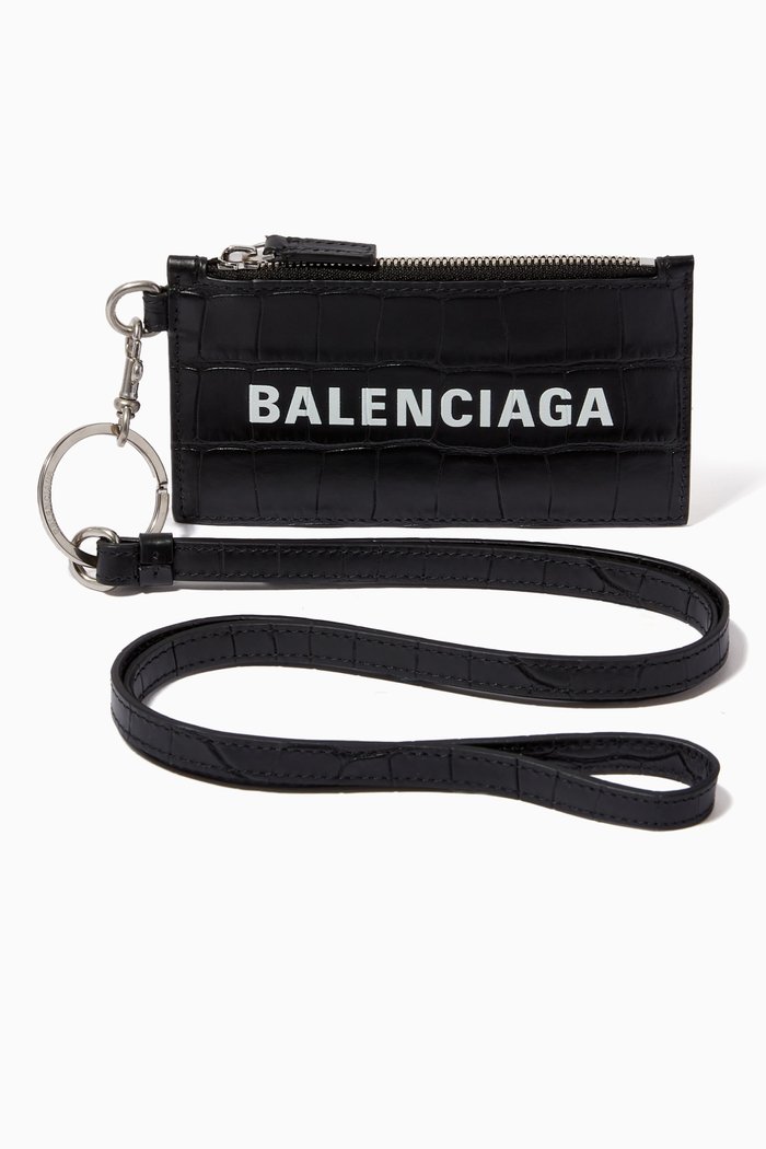 

Cash Card Case on Keyring in Croc-embossed Leather, Black