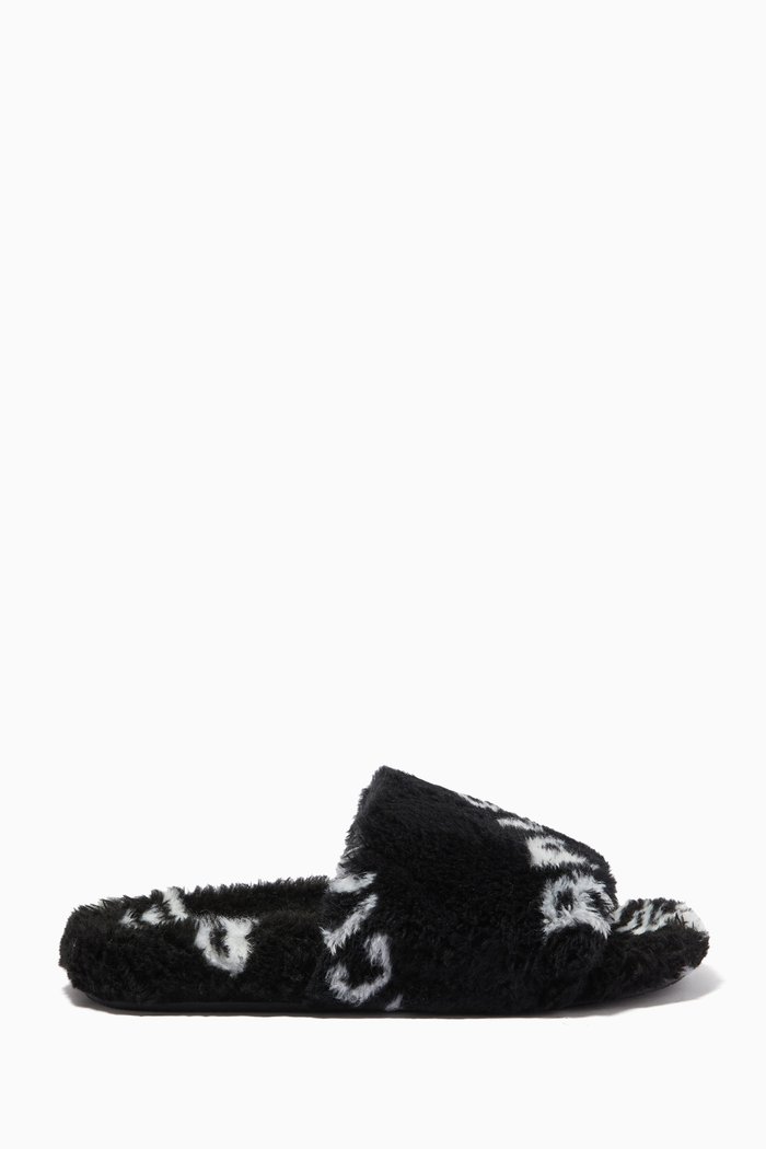 

Logo Furry Slide Sandals in Faux Shearling, Black