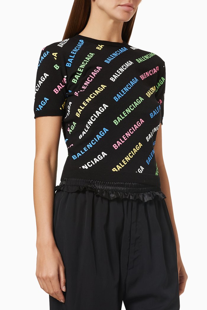 

Allover Logo Crop Sweater in Cotton Knit, Black