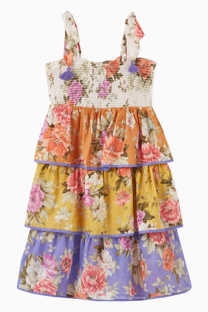 

Pattie Shirred Tiered Dress in Cotton, Multicolour