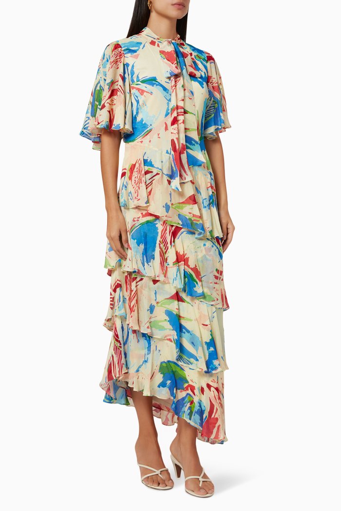 

Asymmetric Printed Midi Dress, Multicolour