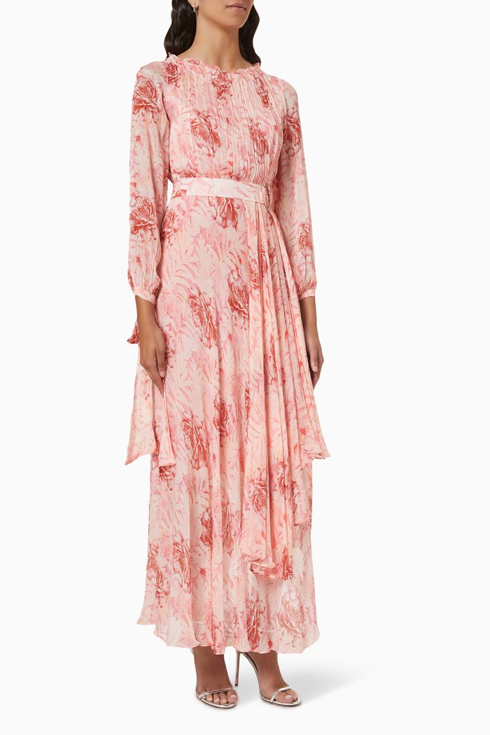 Floral Belted Maxi Dress in Chiffon, Pink