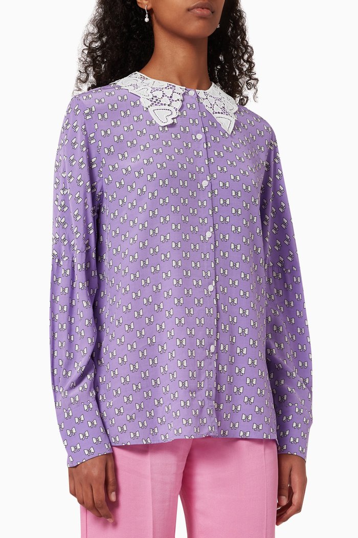 

Lace Bow Printed Shirt in Viscose, Purple