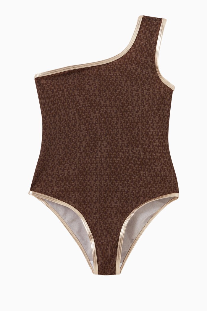 

Monogram One Shoulder Swimsuit in Stretch Nylon, Brown