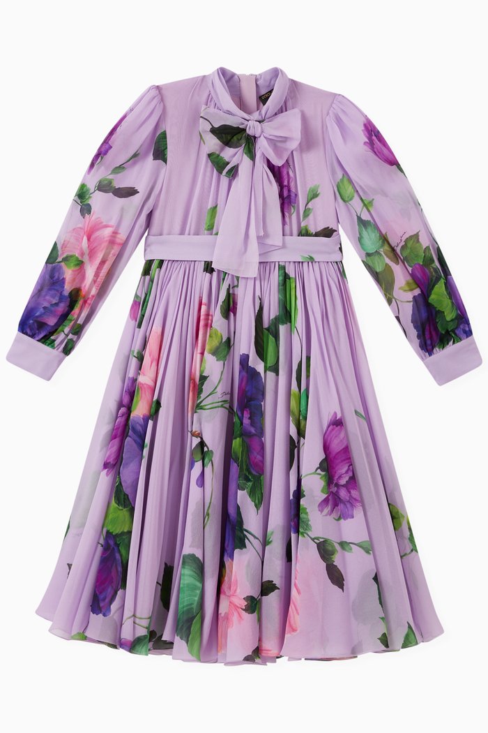 

Rose Print Dress in Silk, Purple