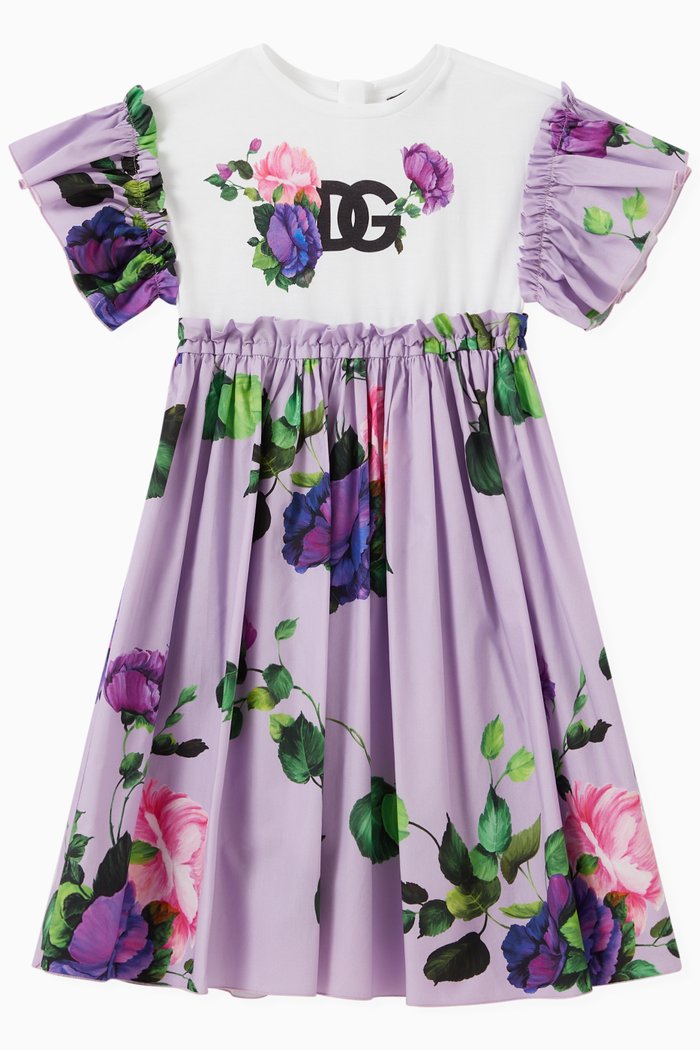 

Rose Print Dress in Poplin and Jersey, Purple