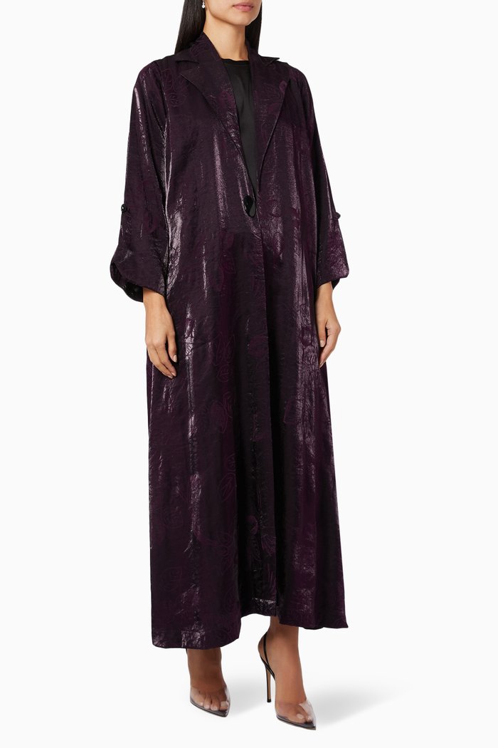 

Printed Shimmery Abaya in Washed Silk, Purple