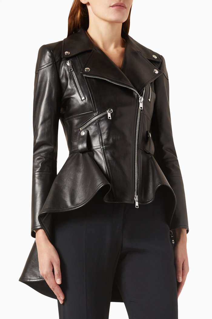 Flared-hem Jacket in Leather, Black