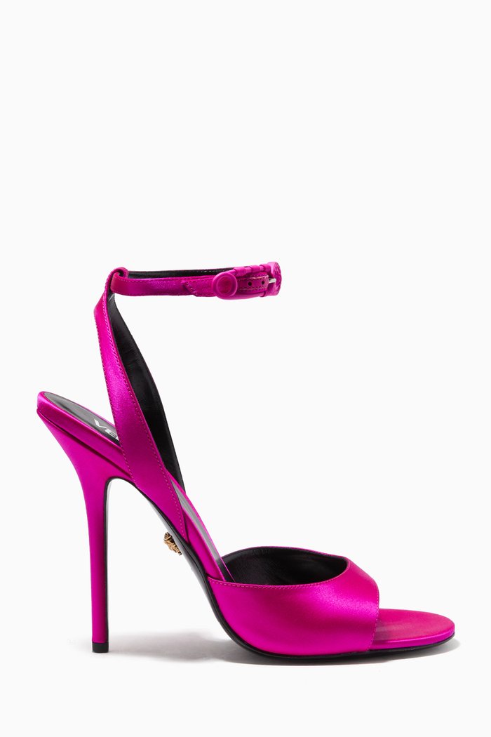 

Versace Safety Pin High Heel Sandals in Satin, Pink