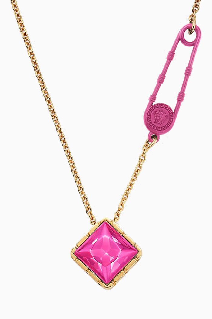 

Safety Pin Gemstone Necklace in Brass, Pink