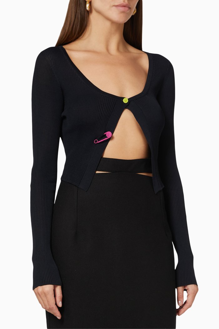 

Safety Pin Cropped Cardigan in Ribbed Knit, Black