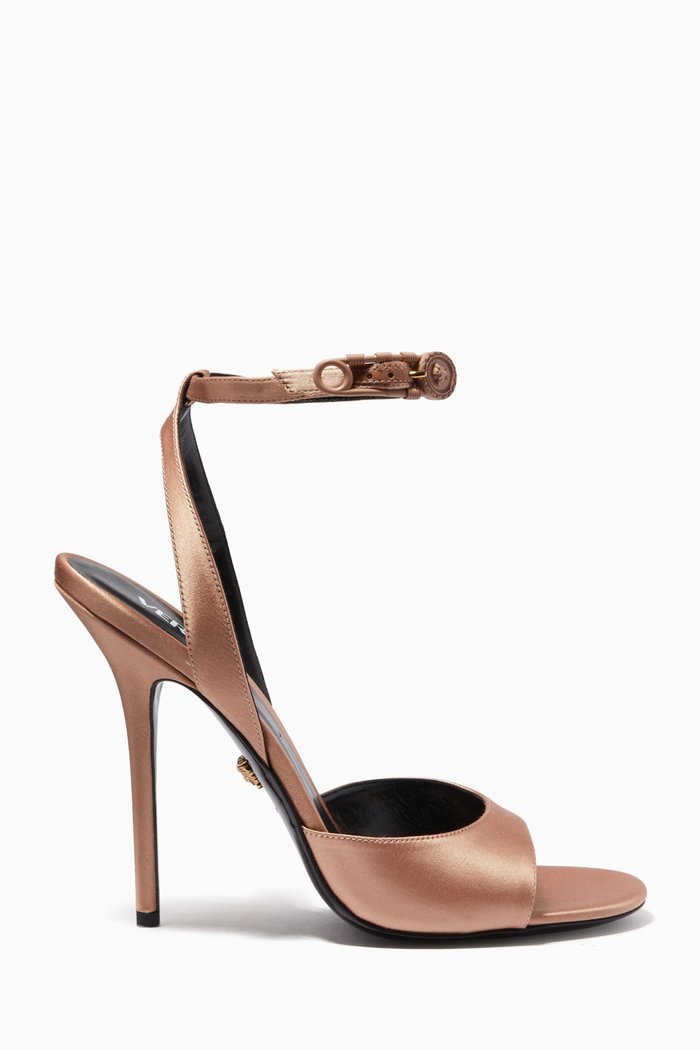 Safety Pin High Heel Sandals in Satin, Neutral