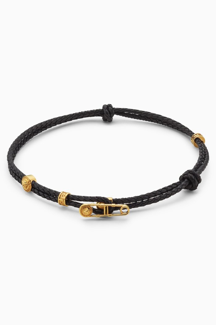 Safety Pin Necklace in Leather & Brass, Black