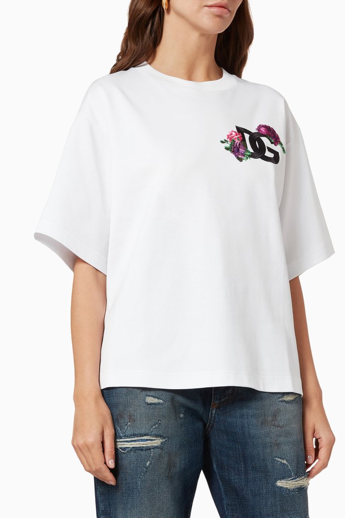 D&G Logo Patch Cropped T-shirt in Jersey, White