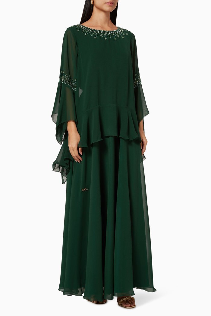 Embroidered Tiered Dress, Green