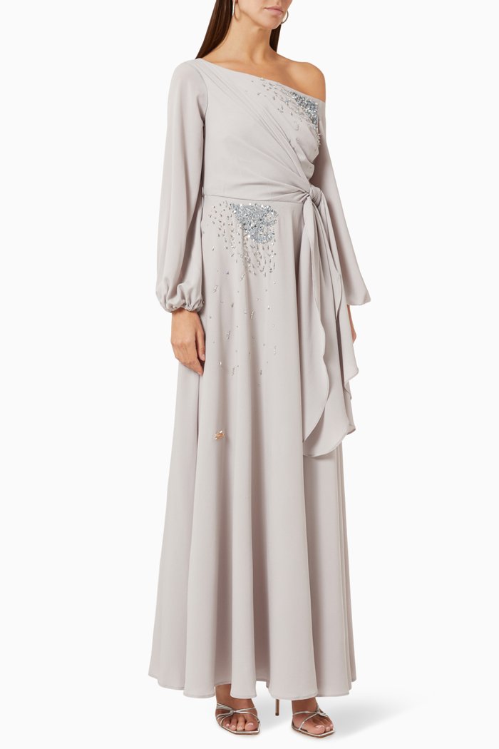 

One Shoulder Embellished Dress in Crepe, Purple
