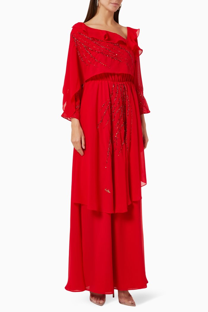 

Bead Embellished Dress in Chiffon, Red
