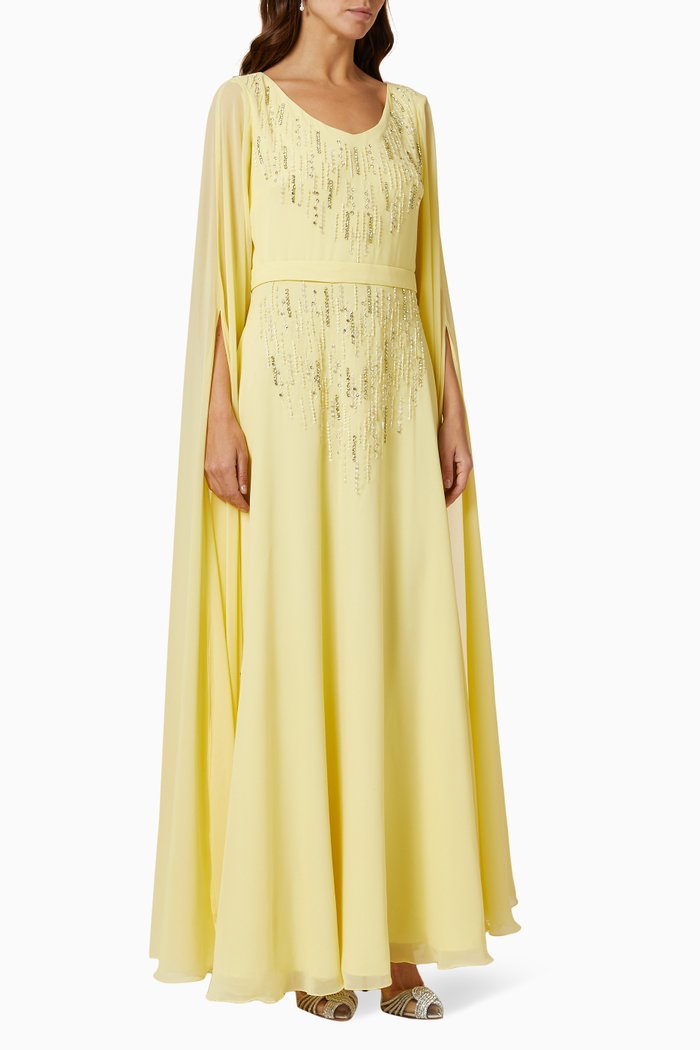 

Embellished Cape Dress in Chiffon, Yellow