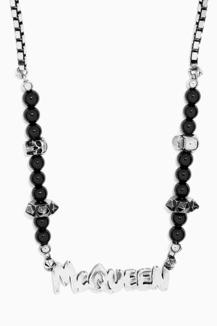 

McQueen Graffiti Obsidian Chain Necklace in Brass, Black