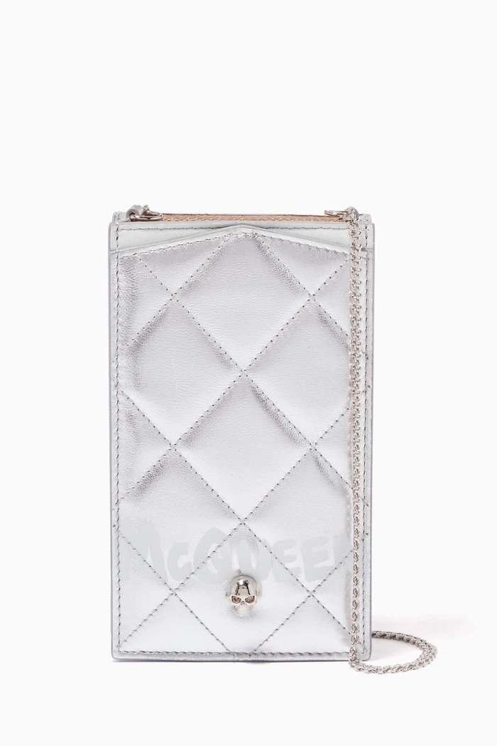 

McQueen Graffiti Phone Case with Chain in Metallic Nappa, Black