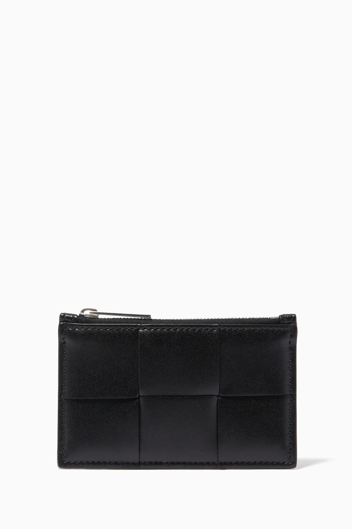 Zipped Card Case in Intrecciato Urban Leather, Black