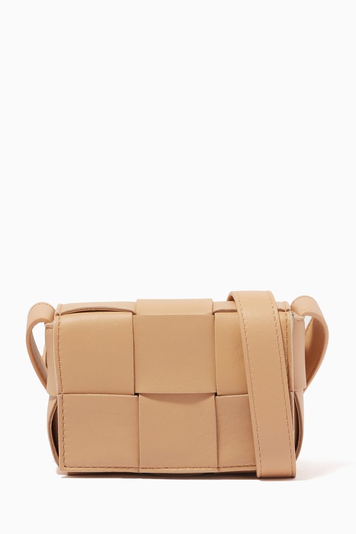 

Mini Cassette Crossbody Bag in Intreccio Nappa, Neutral