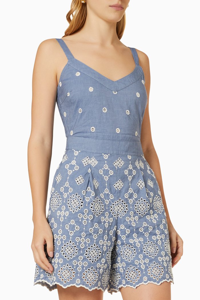 

Giulia Broderie Anglaise Playsuit in Cotton & Linen Blend, Blue