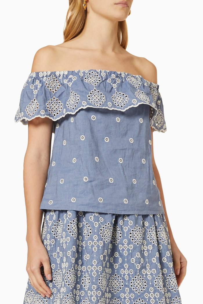 

Loreto Broderie Anglaise Top in Cotton & Linen Twill, Blue