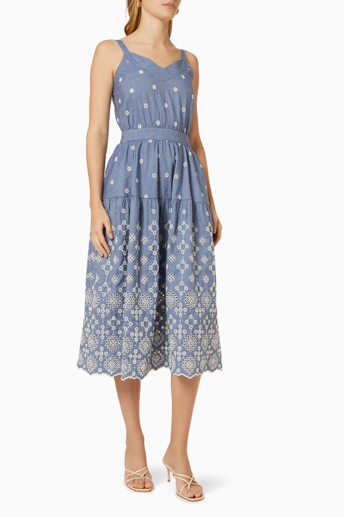 

Mobile Broderie Anglaise Dress in Cotton & Linen Twill, Blue
