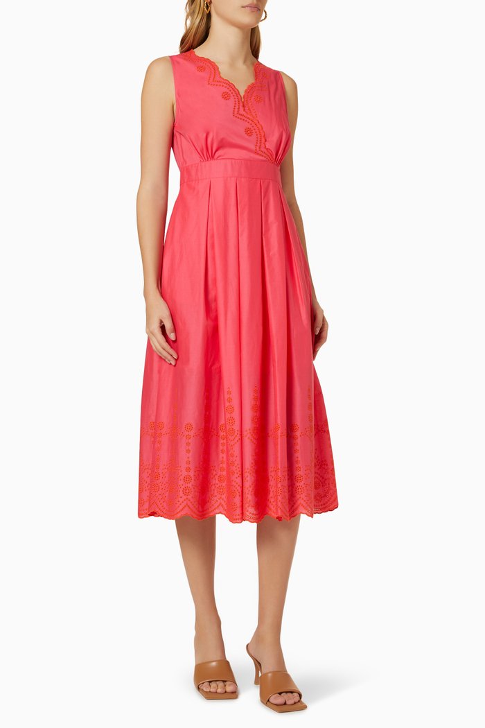 Tienno Broderie Anglaise Dress in Cotton, Burgundy