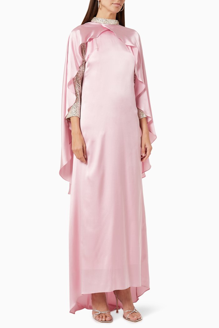 

Sequinned Ruffle Kaftan in Satin, Pink