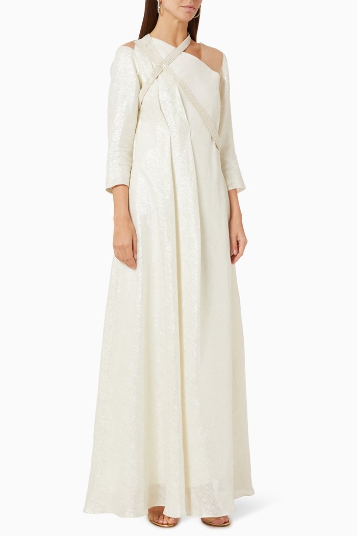

Shiny Beaded Kaftan in Linen, Neutral