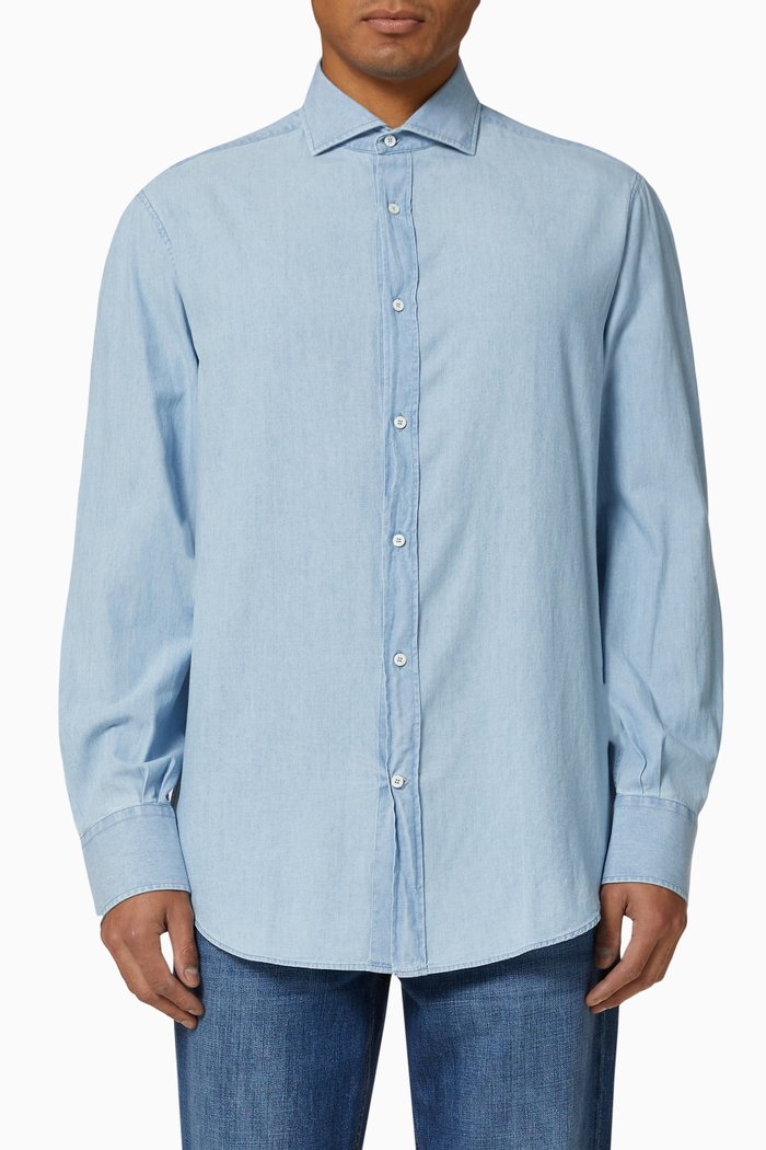 Spread Collar Shirt in Cotton, Blue