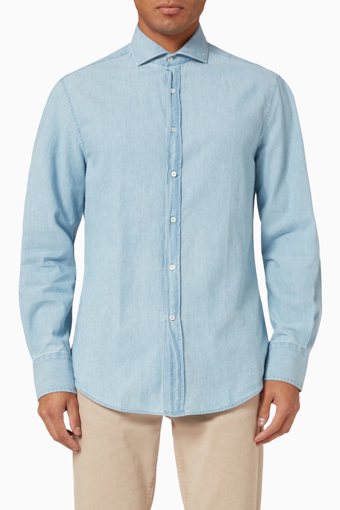 

Slim Fit Shirt in Denim-effect Chambray, Blue